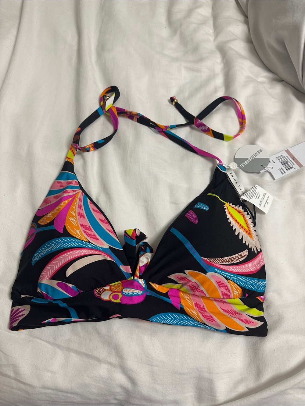 Trina Turk Black Multicolor Feather-Print Bikini Top